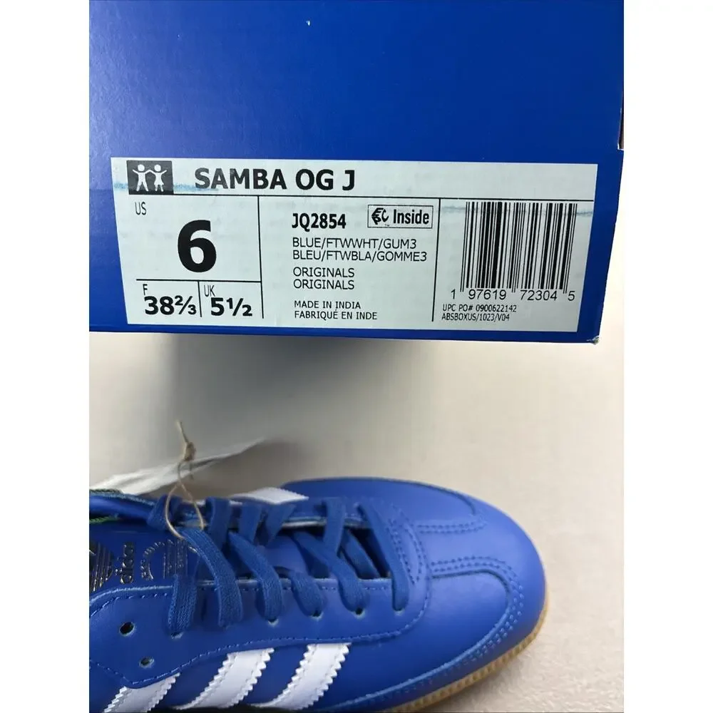 adidas Originals Samba OG J Blue White Leather Gum Low Top Big Kids US 6 JQ2854